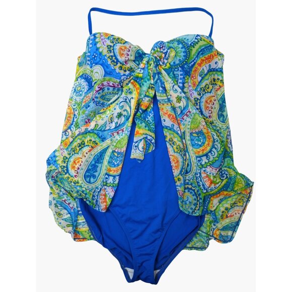 Lauren Ralph Lauren Size 10 Paisley Overlay One-Piece Swimsuit Turquoise - Picture 1 of 7